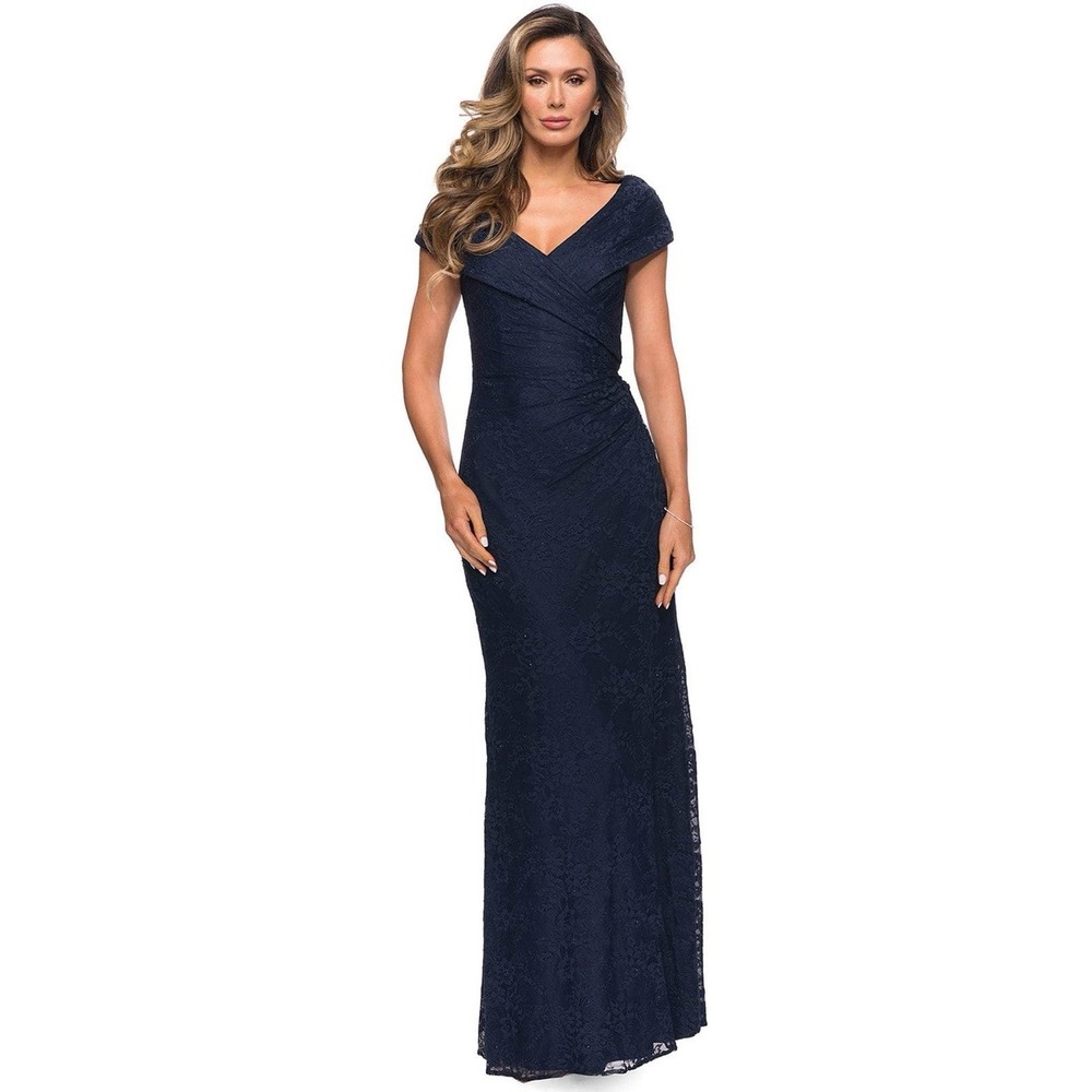 La Femme V-Neck Off Shoulder Knit Lace Sheath Long Dress Navy Size 6 $438 NWT